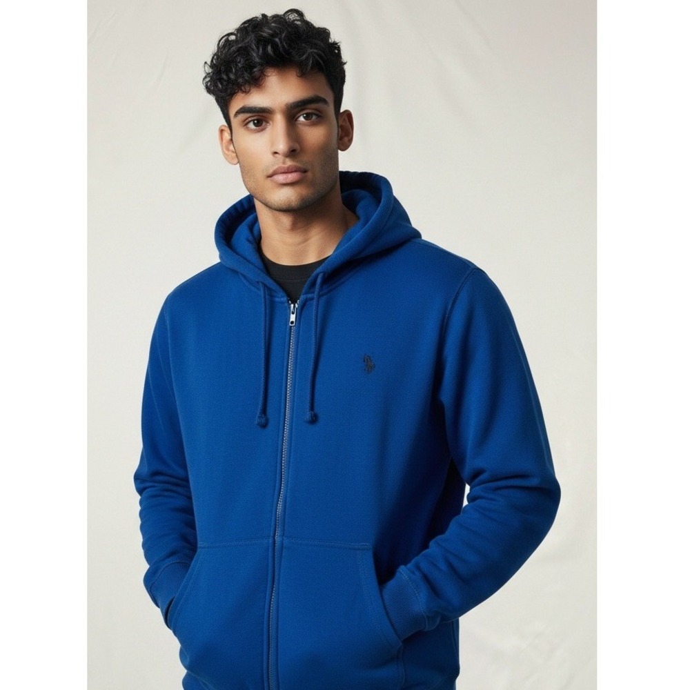 US Polo Assn Mens L Full Zip Hoodie Royal Blue Logo Sweatshirt Excellent
